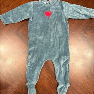 Soft Blue Plush Footed One-Piece with Red Heart Balloon - Unisex
